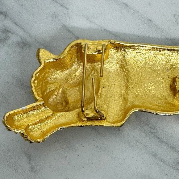 Vintage Tiger Belt Buckle Gold Tone Black Enamel Figural Green Eye Prowling ✨ main image 5